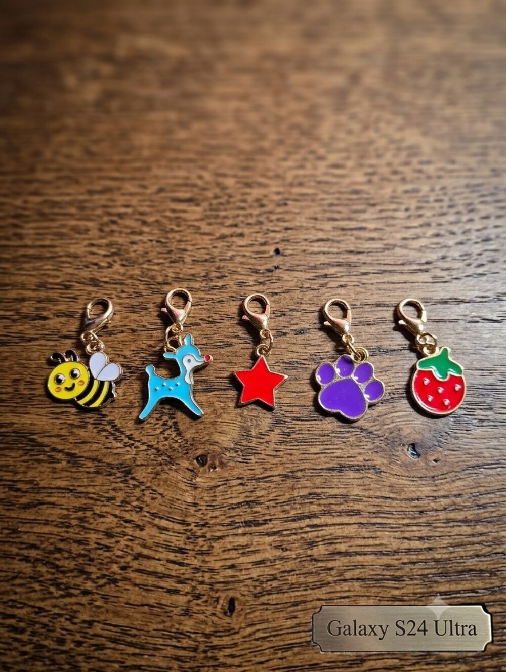 Cute Enamel Charms Set — Bee, Blue Deer, Red Star, Purple Paw, Strawberry